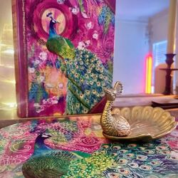 Peacock-themed storage boxes & trinket dish