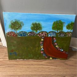 Colorful Nature Landscape Artwork – Floral Path & Trees – Original 16x20 Acrylic Canvas