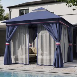 Red White And Blue Gazebo With Outdoor Furniture