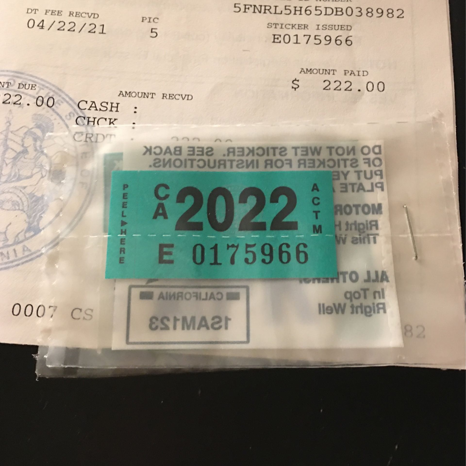 2022 CA Vehicle Registration Renewal Sticker