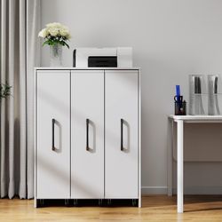 Bookcase with Three Pulled Out Doors Shelving Cabinet,3 Tier Floor Standing