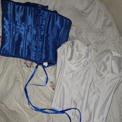 Blue underbust satin corset and white overbust corset