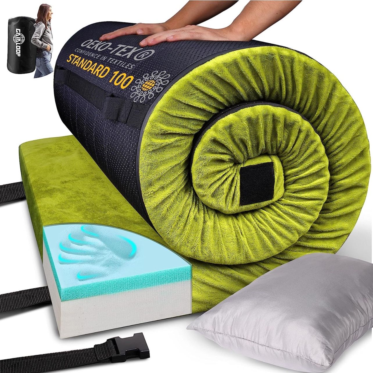 Gaialoop Thick Memory Foam Camping Mattress Sleeping Pad [Car/Cot] 3'' Portable Floor Mat Roll Up for Guests Kids Adult Sleepover
