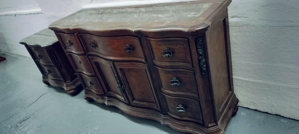 Antique wooden and iron dresser set with marble top and mirror