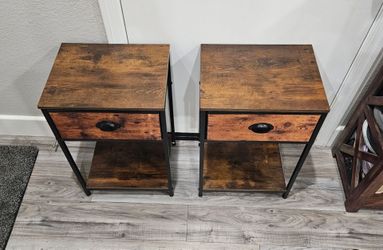 Set of 2 Nightstands for Bedroom, 3-Tier End Table with Fabric Drawer, Rustic Brown