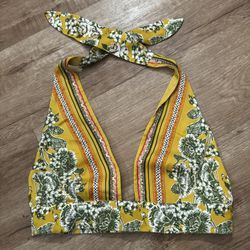 NWOT FREE PEOPLE HALTER CROP TOP SCARF TOP SZ SMALL FLORAL YELLOW GREEN