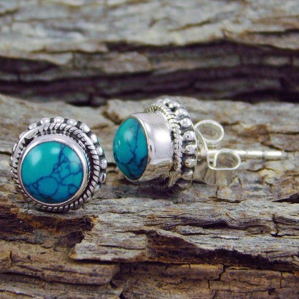 Antique Gemstone Turquoise 925 Sterling Silver  Stud Earring (Color: Blue)