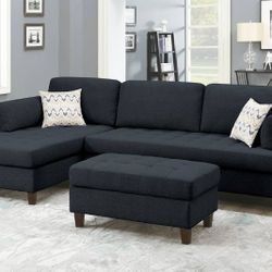 Brand New Black Modern Reversible Sectional Sofa With Ottoman 