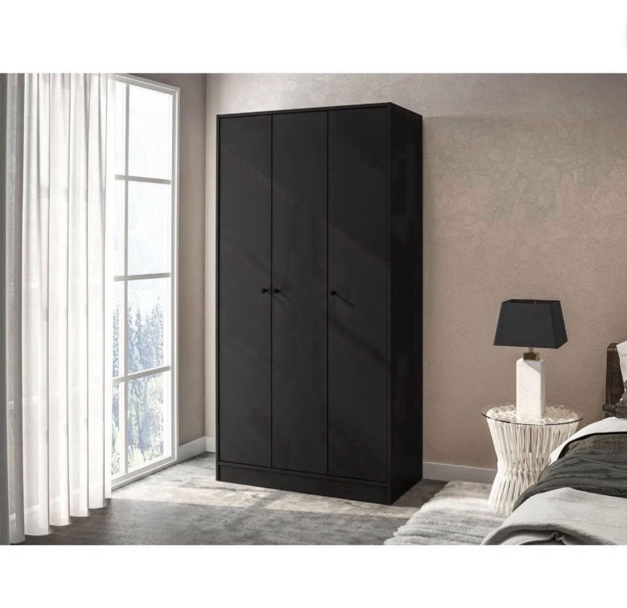 71 in. 3 Door Modern Bedroom Armoire with Shelves & Hanging Rod, Cabinet, Black Wood, New