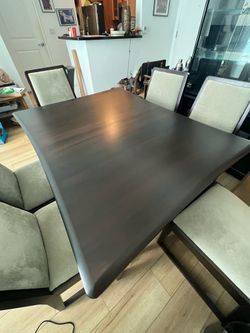 Dark Wood Dining Table with 6 Upholstered Chairs