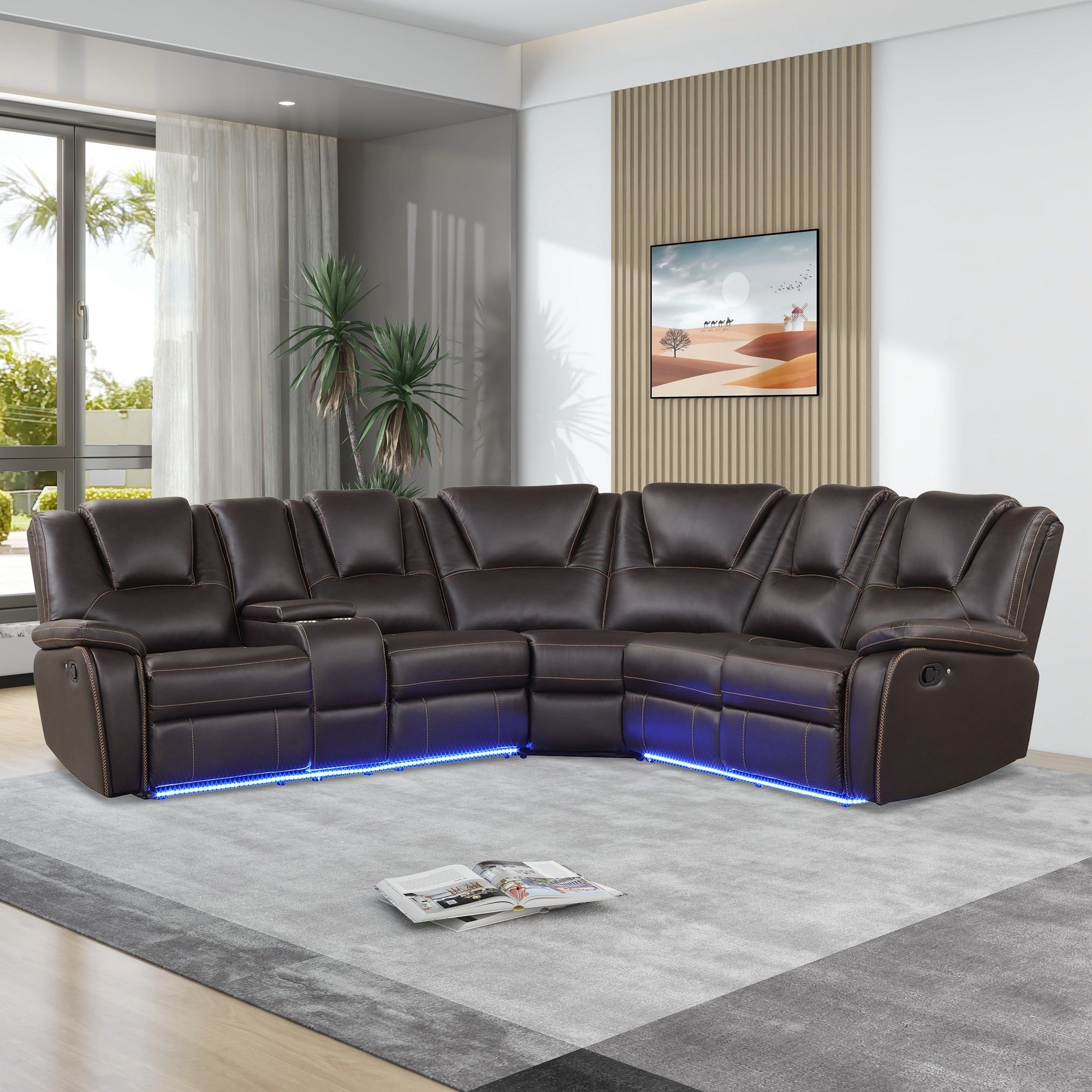 Fulton Faux Leather Reclining Sectional Sofa with LED, Seats 6, Brown