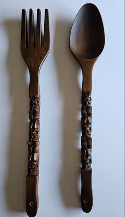 Vintage Large Hand-Carved Wooden Tiki Fork and Spoon Set