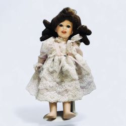 Vintage-Style Porcelain Collectible Doll — Lace Pinafore Dress, Ribbon Accents & Curls 