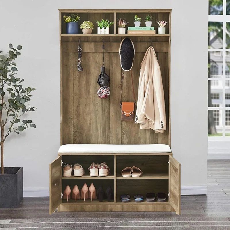 Hall Tree with Storage Bench and Coat Racks, Entryway Organizer with 2 Cabinet Doors