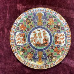 Japanese Export Early Meiji Style Imari Black Dutch Merchants Ship Plate