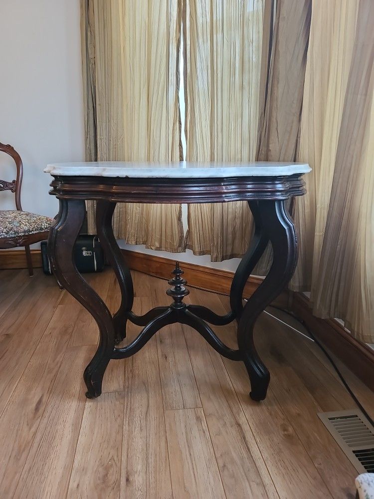 Victorian Wooden Table With Marble Top