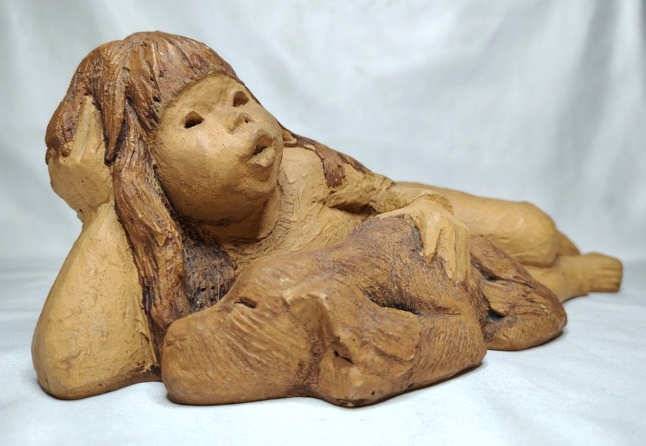Vintage L. Bortin Clay Figurine of Female Reclining with Pet Dog SIGNED