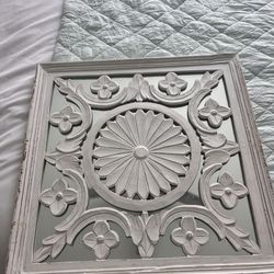 Distressed White Carved Wood Mirror - vintage farmhouse / coastal decor