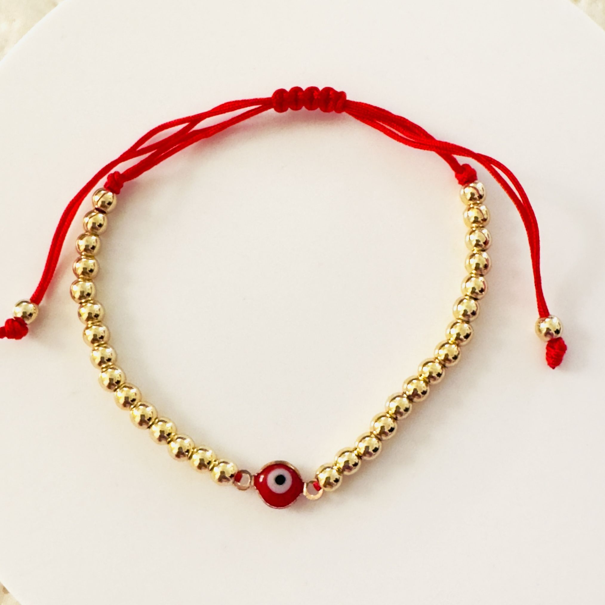 14K Gold Plated Adjustable Red Beaded Evil Eye Bracelet. New