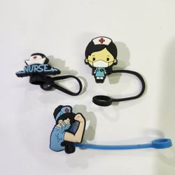 Nurse themed silicone straw toppers designed to fit tumblers like Stanley cups.