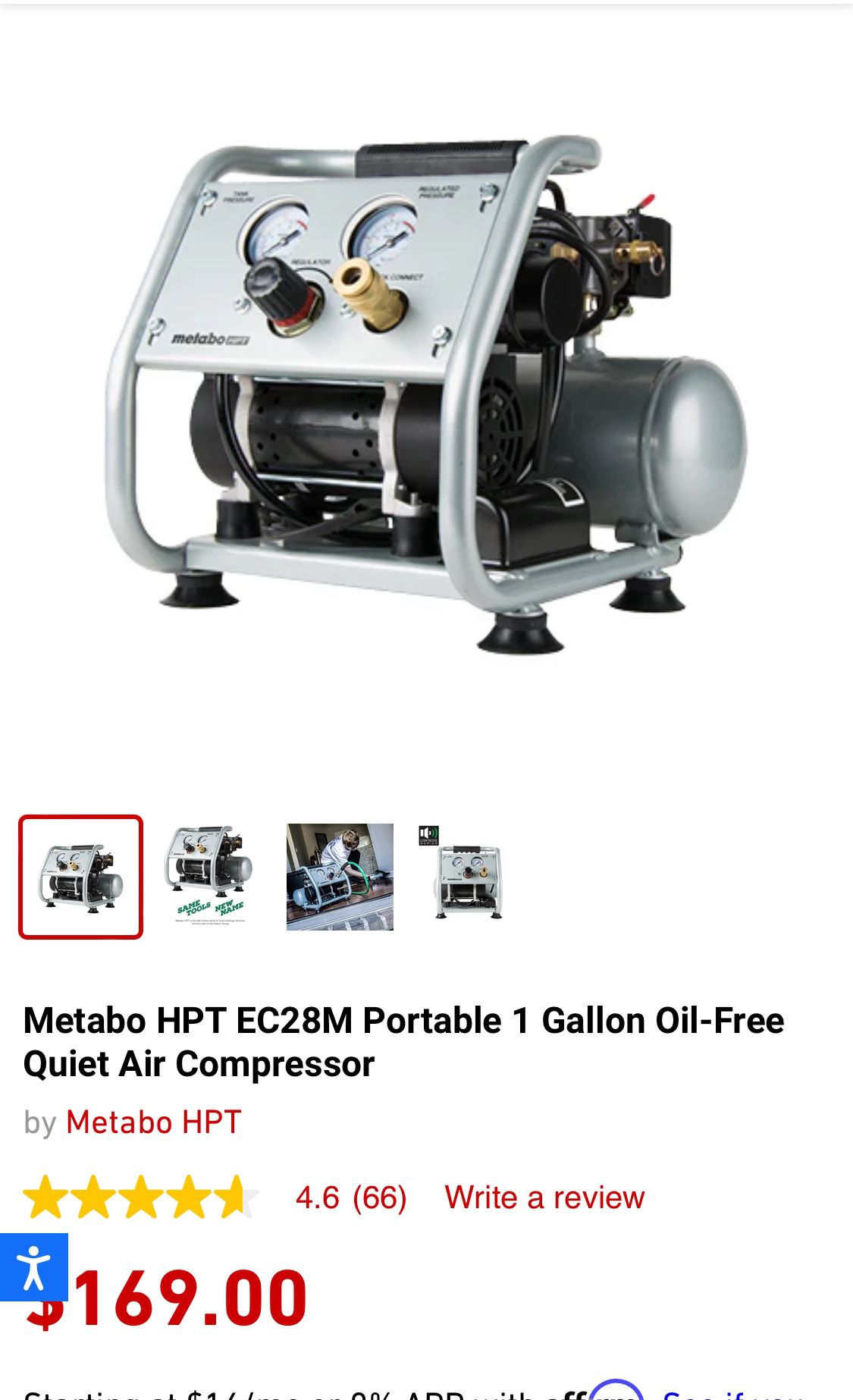 Metabo HPT EC28M Portable 1 Gallon Oil-Free Quiet Air Compressor