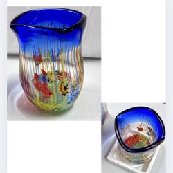 NIB Fish Art Hand Blown Vase Gorgeous Thick Glass W Bubbles Aquarium Vase Vtg