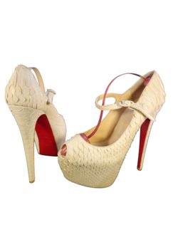 CHRISTIAN LOUBOUTIN LADY HIGHNESS OFF WHITE PYTHON PEEPTOE MARY JANES PUMPS 40.5
