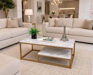 Modern Marble-Look Coffee Table with Shelf,