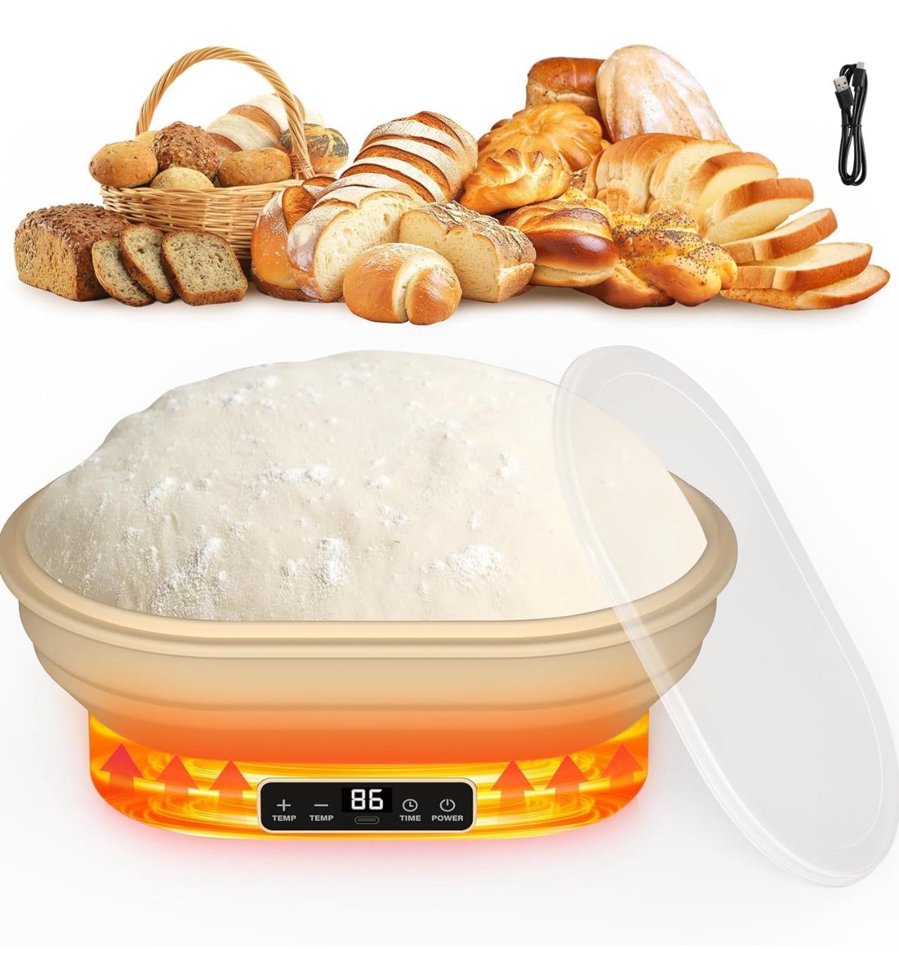 Heating Sourdough Bread Proofing Basket, 2L Electric Thermostatic Silicone Oval Banneton Proofing Bowl with 6 Timer & Temp Settings for Dough Rising, 