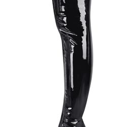 Black Latex Thigh-High Boots Chunky Heel