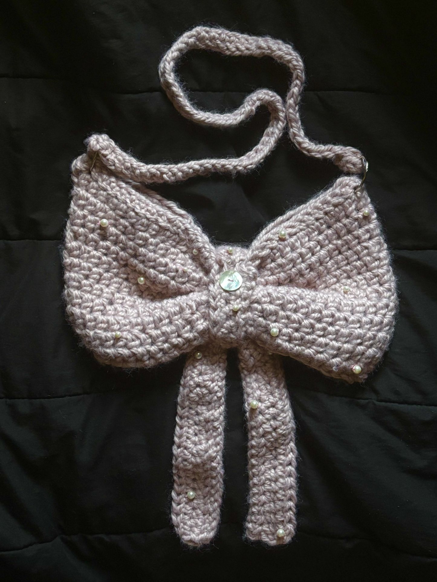Pink Bow Crocheted Purse With Pearl Beads