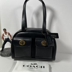 Coach Twin Turnlock Bag 20 Satchel in Dark Brass/Black Waxed Smooth Leather NWT