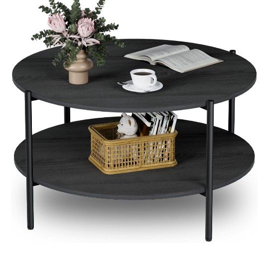 Round Coffee Table, 31" Modern Double-Layered Circular Tables, Small Coffee Table with Open Storage Shelf, Round Wood Center Table, for Living Room, B