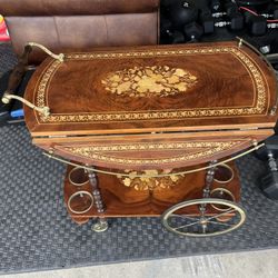 Vintage Italian Marquetry Inlaid Wood Serving Bar Tea Cart With Wheels