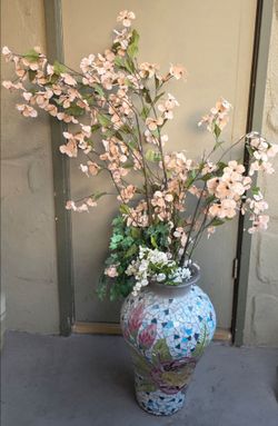 Huge Mosaic Floor Vase Pot With Faux Flowers Floral Arrangement Decor