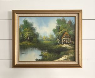 Vintage 16 x 20 Oil On Canvas Country Landscape Painting Signed Cabin Cottage Lake River Pond Trees