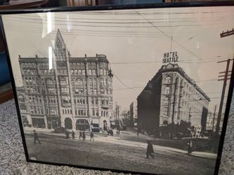 Black and white printed sketch of old downtown seattle
