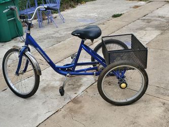 Tricycle  in great con been in storage  tires no issues  no rips  in seat can be used for  teens,adults  and  active elderly  to exercise front tires 
