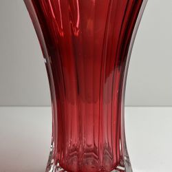 Vintage FTD Cranberry Glass Fluted Vase Paneled Sides Clear Base