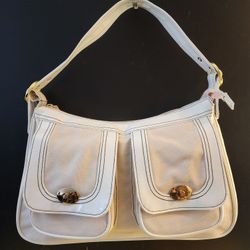 Vtg. Stüssy Shoulder Bag Medium Retro Satchel Cream Canvas Purse, White Pat. Leather, New/ Bolsa Nueva