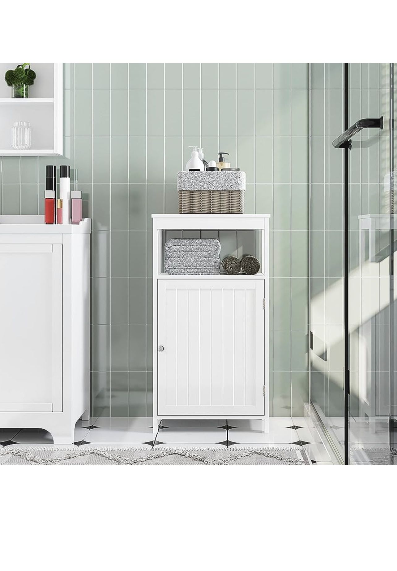 Single Door Floor Cabinet, Bathroom Free Standing Storage Organizer with Adjustable Shelf, Narrow Side Cabinet for Living Room, White