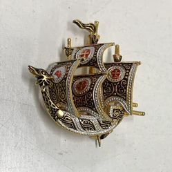 VINTAGE DAMASCENE TOLEDO CARAVEL SPANISH GALLEON SHIP BROOCH PIN SPAIN NAUTICAL 