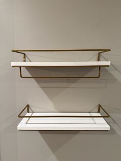 White Wood and Gold Metal Wall Shelves Set of 2