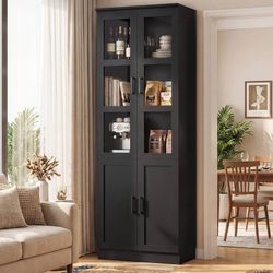 2238a  79.7" Tall Kitchen Pantry Storage Cabinet, Freestanding Kitchen Hutch Cabinet with Tempered Glass Doors, Modern Display Bookcase with Adjustabl