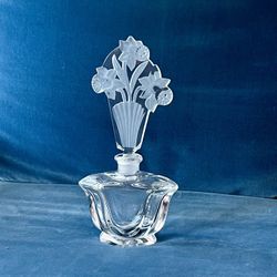 Vintage Art Deco Czechoslovakia Czech Crystal Cut Perfume Bottle Daffodils 6"