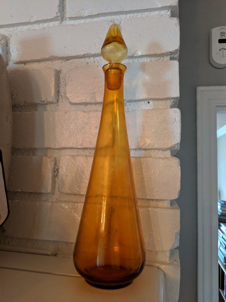 Mid-Century Modern Amber Glass Genie Bottle / Decanter – Empoli Style