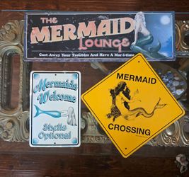 Set of 3 Vintage Metal Mermaid Signs - Coastal Beach Bar Decor