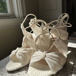 NEW Loeffler Randall Teresa Sandals Heels Size 9.5 Pleated Lace Up Pearl White 