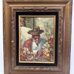 F Dressen Frank Original Oil Painting Mexican Man With Flowers Hat Framed 9x12” 