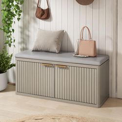 Modern Shoe Bench,Entryway Bench Storage with Padded Seat Cushion,Adjustable Shelf,Light Grey